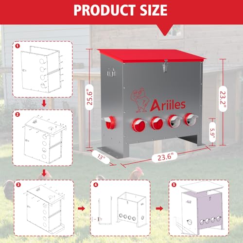 Automatic Chicken Feeder Box, 120lb Capacity, 10 No-Waste Ports, Metal Poultry Feeder with Covered Lid & Elevated Stand, Feed Dispenser for Chickens, Ducks & Backyard - size: 120 LB