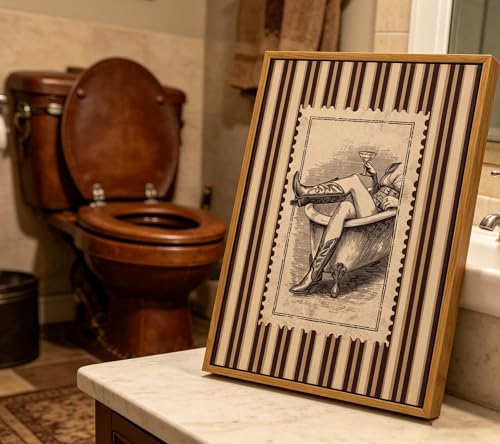 Floating Framed Cowboy Bathroom Canvas Wall Art, Funny Martini Cowgirl in Bathtub Painting Picture Wall Decor, Vintage Striped Postage Stamp Poster Print Artwork for Toilet, Home Decoration 12x16in - color: cowgirl, size: 16"L x 12"W