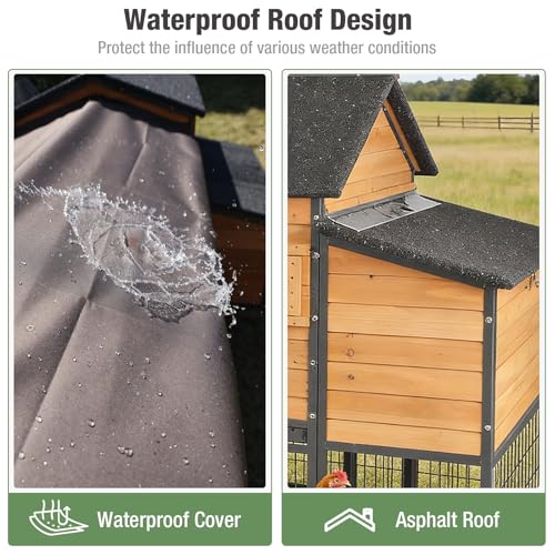 Mobile Chicken Coop with Wheels for 6–8 Chickens, Large Outdoor Chicken Coop with Run, Weatherproof Asphalt Roof, Dividable Nesting Boxes and Pull Out Trays，85.6" L x 40.6" W x48.2 H