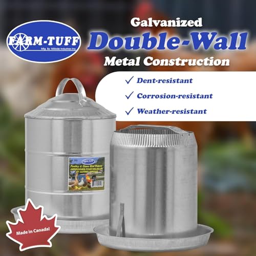 FARM-TUFF Galvanized Poultry Waterer, 3 Gallon Capacity - Double-Wall Poultry Fountain with Cone Top - Automatic Gravity-Fed Water Dispenser for Chickens, Ducks & Game Birds - size: 3 Gallon Capacity