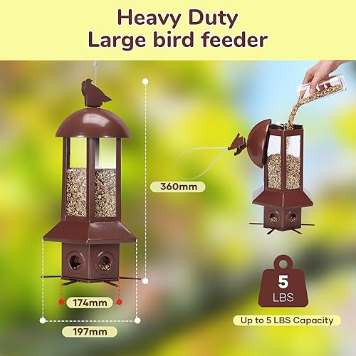 Squirrel Proof Bird Feeders, 5lbs Heavy Duty Metal (Brown) | Weight-activated mechanism bird feeders for outdoors, 6 Chew-proof feeding ports
