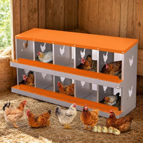 10 Compartment Galvanized Metal Chicken Nesting Box with Support Legs, Easy Install & Clean Roll Out Egg Laying Boxes for Backyard Chicken Coop, Anti-Rust Egg Protection Nest,Orange - color: Orange, size: 10 holes
