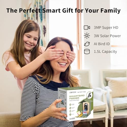 Smart Bird Feeder with Camera, Solar Powered 3MP WiFi Bird Camera with AI Identification, Motion Alerts, Live View, 5000mAh Battery, Outdoor Gift for Bird Lovers