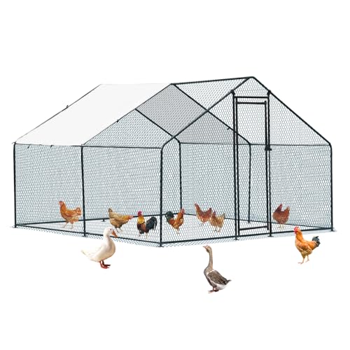 VINGLI Large Metal Chicken Coop, 9.8x9.8x6.5 ft Poultry Cage for Chicken Run, Walk-in Chicken Pen with Waterproof & Anti-UV Cover for Yard Outdoor (Black-Spire Roof) - color: Black-Spire Roof, size: 9.8*9.8*6.5 ft