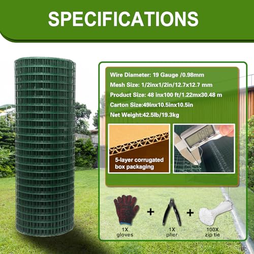 Hardware Cloth 1/2 inch 48in x 100ft Chicken Wire, Green Garden Fence, 19 Gauge, Vinyl PVC Coated Metal Welded Wire Mesh for Preventing Snakes, Raccoons, Foxes, Poultry Netting - size: 1/2inx48inx100ft