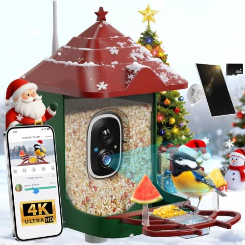 Smart Bird Feeder with Camera, Solar Panel & 5200mAh Battery, 4K HD Video, AI Identification, Instant Arrival Alerts & Alarm, IP65 Weatherproof, 32GB Card, 2L Capacity, for Bird Lover - color: Red Green