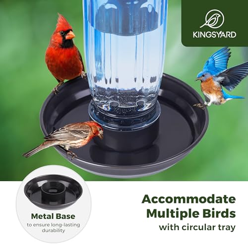 Kingsyard Glass Bird Water Feeder for Outdoors, Hanging Bird Waterer | 16 oz Capacity, 360 Degree Perch, Wide-Mouth Opening, Metal Hanging Hook & Base, Easy to Clean & Refill, Blue