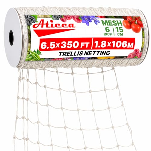 ATICCA Trellis Netting 6.5 x 350 ft Heavy Duty Polyester Plant Support Netting White - 6 Inch Garden Rope Trellis on Roll - Mesh Twine for Growing Vine Climbing Plants, Flowers, Peas, and Tomatoes. - size: 6.5x350ft Polyester Trellis Netting