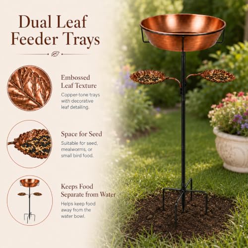 Metal Bird Bath and Feeder for Outdoors, 36.8 Inch, Removable 12 Inch Bowl | 12 inch removable bowl, dual leaf feeder trays, 36.8 and 28.5 inch height options, five-point ground support base