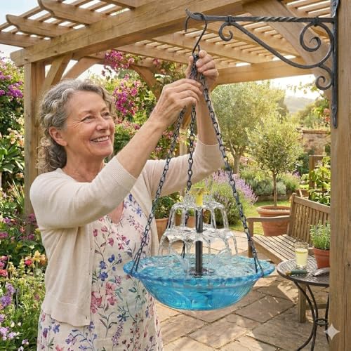 2026 Solar Cascade Hanging Bird Bath Fountain, Solar Powered Waterfall Birdbath with 3-Tier Bowl, Outdoor Hanging Water Fountain for Garden Patio Backyard Decoration, Blue (Multi-Spray Modes)