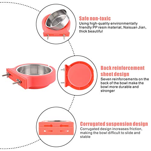 Crate Dog Bowl Removable Stainless Steel Water Food Feeder Bowls Cage Coop Cup for Cat Puppy Bird Pets (Small, Pink Orange with Corrugated Clip) - color: Pink with Corrugated Clip, size: Small