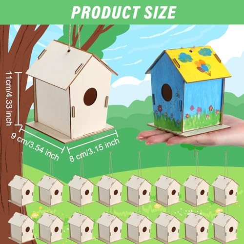 DoubleFill 12 Pcs 4.33" Wooden Bird Houses Crafts Kit for Kids DIY Unfinished Hanging Birdhouse for Art Painting Wood Toys Boy Girl Class Back to School Classroom Project Parties Creative Activity