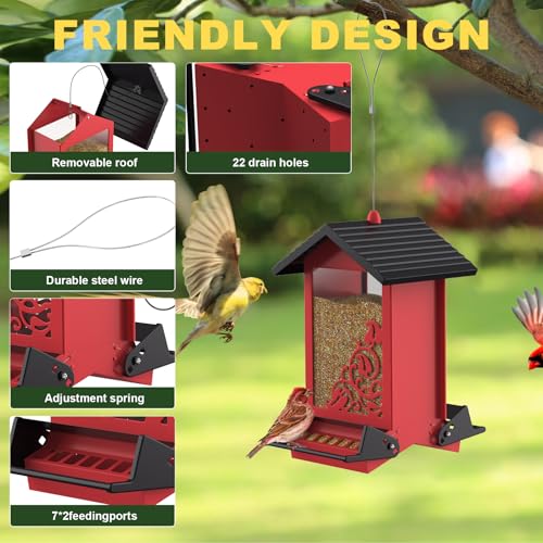 Squirrel Proof Bird Feeder for Outdoor Hanging,Metal Bird Seed Feeder with Bilateral Weight Activated Perches,5LB Large Capacity Wild Bird Feeders for Outside,Easy Refill and Clean,Red - color: Red