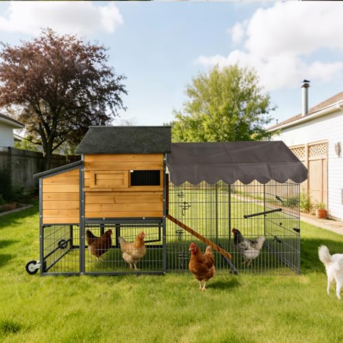 GUTINNEEN Extra Large Mobile Chicken Coop with Wheels, Large Outdoor Hen House with Run for 4-6 Chickens, Wooden Poultry Cage with Nesting Box, Metal Sliding Tray, Waterproof Cover - color: Brown and Black