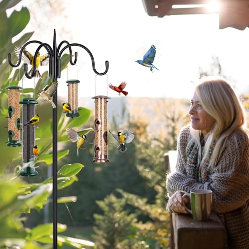 Heavy Duty Shepherds Hook 2 Pack 92" Four Hooks Adjustable (44/60/76/92") - Metal 5-Prong Base, 17lb Capacity - Easy Assembly Bird Feeder Pole for Hanging Planters, Lanterns, Wind Chimes - color: 2-Pack, size: 92" Quadruple Hook