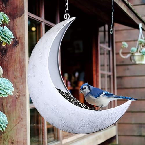 Hanging Moon Bird Feeder – Unique Metal Bird Feeders for Outdoors, Rustic White, Rust-Resistant, Wild Bird Feeder for Bluebirds, Cardinals, Finches, and Backyard Birdwatching - color: Rustic White