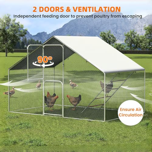 UDPATIO Large Metal Chicken Coop Walk in & Run – Heavy Duty Outdoor Poultry Run with Protective Cover for 10-15 Chickens, Ducks, or Rabbits | Predator-Proof & Weather-Resistant | Double Feed Door UV-Resistant Cover Heavy Duty Outdoor Cage for Bird Duck Ra