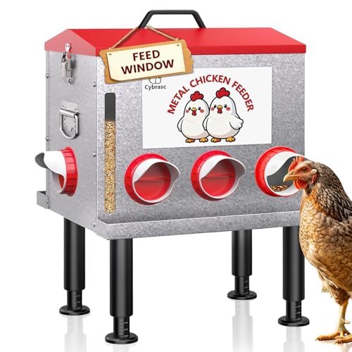 10-Gal Metal Automatic Chicken Feeder with No-Waste Feeding Tray | 55LB Capacity, 8 Feeding Ports, Rust-Proof Alloy Steel, Clear Viewing Window, Height-Adjustable Legs for Chicken Coops - color: Red, size: 10GAL-53LB