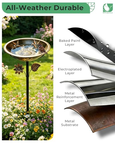 Metal Bird Bath for Outside Hummingbird Embossed Bowl with Stake | 13" W 3" Deep Birdbath Bowl, Adjustable Height, Removable Easy to Clean, 5-Prong Stake, Rust Resistant, Garden Decor