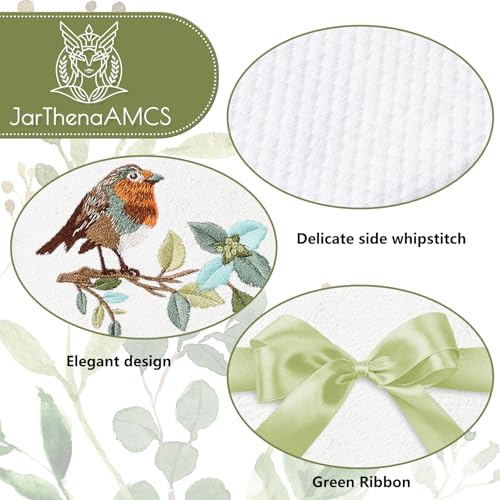 JarThenaAMCS 2Pcs Bird Hand Towels Branch Leaves Bird Embroidered Cotton Bathroom Towels Dish Towel with Ribbons for Drying Cleaning Cooking Gift, 29.5 x 13.7 Inch
