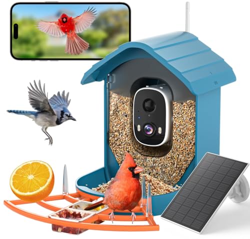 Smart Bird Feeder with Camera Solar Powered for Outside Birdhouse with Camere, AI Identify Birds Species, FHD Live Video, Instant Arrival Alerts, Ideal Gift for Family or Bird Lovers (Azure Blue)