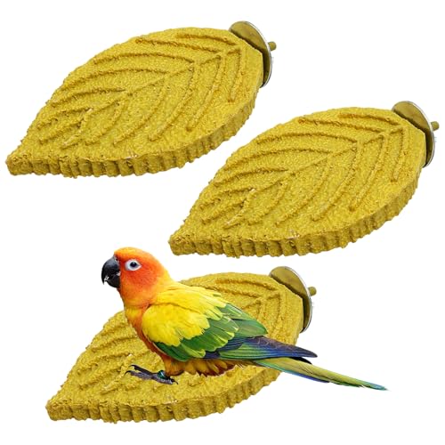 3 Pcs Bird Perch Resin Bird Beak Grinding Stone Leaf Shape Perch Stand Foot Clawing Trimmer Platform Cage Accessories for Cockatiels Conures Budgies Lovebirds (Yellow) - color: Yellow, size: Leaves