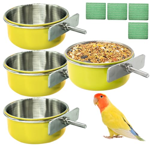 4 Pcs Parrot Feeding Dish Cups,Stainless Steel Bird Food Water Bowls | Parrot Cage Feeder with Clamp Holder Small Bird Feeding Cup for Parakeet Cockatiels Conure Budgies Chinchilla Small Animal - size: 4pcs Yellow