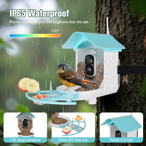 Bird Feeder with Camera, AI Identify Birds Species, Smart Bird Feeder with Camera Solar Powered, Auto 2K HD Video in Backyard, Ideal Gift for Family and Birds Lovers