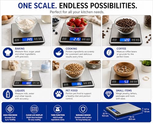 Digital Kitchen Scale 10kg/22lb, Food Scale with 1g Precision, Grams & Ounces, Stainless Steel, LCD Display, Tare Function, Multi-Unit, Battery Powered for Baking, Cooking & Meal Prep