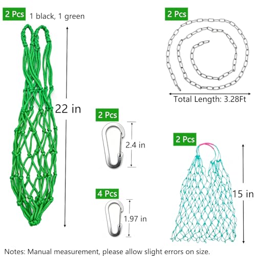 4Pcs Chicken Vegetable Hanging Feeder Bag with Hook and Chain | 2 Large and 2 Small Mesh, S hook and stainless chain, Reusable String Net. Coop Treat Toy for Poultry, Hens, Ducks, Goose