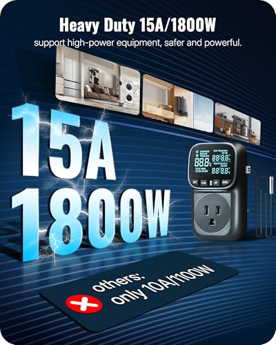 Digital Temperature Controller Outlet, 15A/1800W Heavy Duty Thermostat Plug, VA LCD Display, Heating/Cooling Control, -40°F~210°F, 4 Timer Modes, for Greenhouse Incubator Homebrew B01TC06 - color: Black-6.6ft