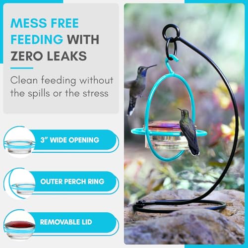 Hummingbird Feeder for Outdoors Hanging, 3.4 OZ Hummingbird Feeders, Glass Bowl with 4 Feeding Ports, Leak Proof Lid & Circular Perch, Bird Feeder (1, Aqua Blue) - color: Aqua Blue