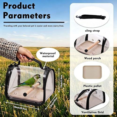 Bird Carrier Backpack with Breathable Mesh Windows, Portable Parrot Travel Cage with Perch and Removable Tray, Hands Free Small Bird Carrier Bag for Vet Visits, Hiking, Travel and Outdoor Use - color: Black