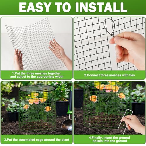 Plant Protector from Animals with Detachable Covers - 4 Pack 16”x 16" Wire Cage Cloches with Ground Stakes and Tools for Protecting Vegetable, Flower, Seedling
