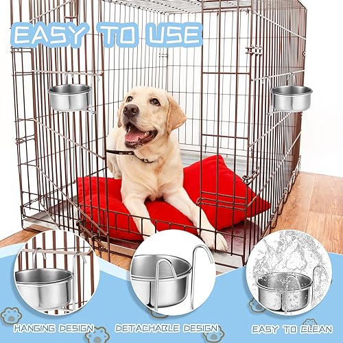 Layhit 6 Pcs 10 oz Kennel Pet Hanging Bowl Stainless Steel Coop Cup with Hanger None Spill Dog Crate Water Bowl Kennel Dog Rabbit Food Dish for Cage Cats Birds Chicken Reptiles