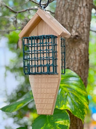 DutchCrafters Double Suet Cage Cedar Wood Bird Feeder with Grooved Tail Prop, Outdoor Wooden Suet Cake Holder Bird Feeder, Hanging Mount - Amish Made in USA
