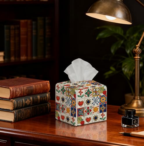 Mediterranean Colorful Pattern Tissue Box Holder, PU Leather Holder with Spanish Artistic Pattern for Living Room/Bathroom/Bedroom/Kitchen Decoration, Gift for Style Focused Homeowners. - color: White Decoration Theme-02