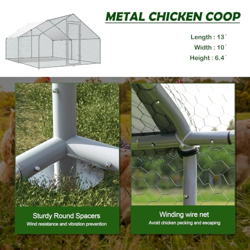 Large Metal Chicken Coop Round Top Upgrade Tri-Supporting Wire Mesh Chicken Run,Chicken Pen with Water-Resident and Anti-UV Cover,Duck Rabbit House Outdoor (13.1'L x 9'W x 6.5'H) - size: 157.2"L x 108.0"W x 78.0"H