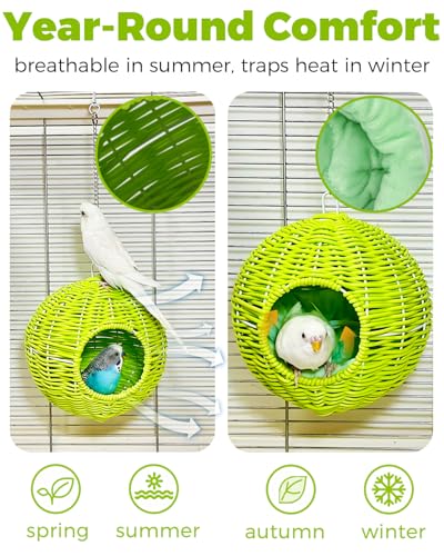 Chewproof Steel Frame Bird Nest for Cage, Washable Small Bed Hammock | Bird Hideout Lay Eggs Parakeet Nest Sleep Rest, Parakeet Warm Bed House Hut for Lovebird, Canary, Budgie, with Cushion - color: S-Long Chain-green for Small Birds