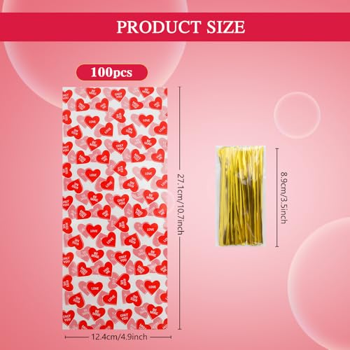 Valentines Treat Bags, 100 PCS Valentines Goodie Bags, Valentines Day Plastic Goodie Candy Goody Cookie Favor Ziplock Cellophane Treat Bags for Classroom Party Small Mini Valentines Gift Bags Bulk - color: 100pcs-Valentine bags