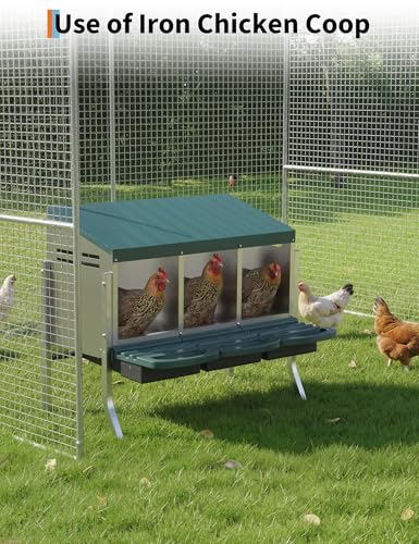GarveeLife Chicken Nesting Box 3 Hole, Galvanized Steel Nest with Roll Away Egg Collection & Swing Perch, Easy-Clean Laying Box for Hens, Heavy Duty Design for Chicken Coop - color: Green, size: 3 holes with legs