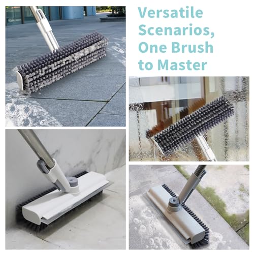 AIR U+ Floor Scrub Brush with Long Handle, 3-in-1 Rotating Head & Squeegee | Stiff Dual-Sided Bristle Scrubber for Shower, Bathroom, Kitchen and Patio, 30–50 In Handle for Easier Stand-up Cleaning - color: White, size: 1 PACK