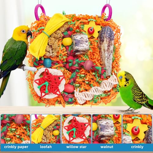 Bird Toys for Small & Medium Parrots - Natural Foraging & Shredding Cage Hanging Toys with Seagrass Mat, Starfruit, Loofah Slices for Budgies, Cockatiels, Lovebirds, Conures (1 PCS) - size: 1 PCS
