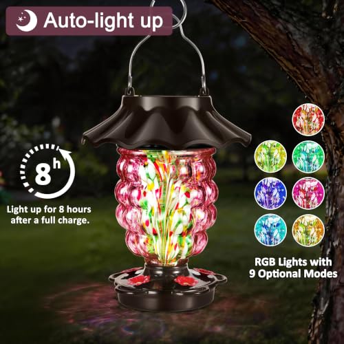 LUJII Solar Hummingbird Feeder for Outdoor Hanging, RGB Illuminated Hand-Blown Glass Lantern, 35 fl.oz, Leak-Free & Rust-Resistant, Metal Cap with 5 Feeding Ports, Pineapple Design, Purple - color: Purple