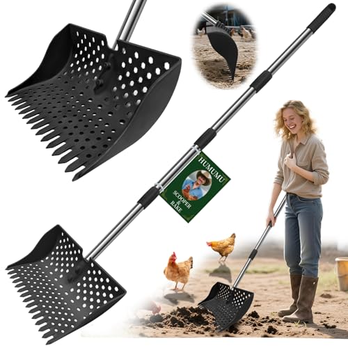12" 2-in-1 Chicken Poop Scooper & Rake (US Patent No. D1124534), 3-Shape Sifting Holes Chicken Coop Rake, Stainless Steel Handle (20–61") - Litter Scoop Sand & Sifting Shovel (Black) - color: Black