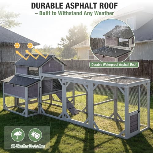 Large Chicken Coop with Run for 8-10 Chickens, Wooden Outdoor Hen House with 3-Section Nesting Box, Walk-in Poultry Cage, Pull-Out Metal Tray, Multiple Perches, Secure Ventilated Design