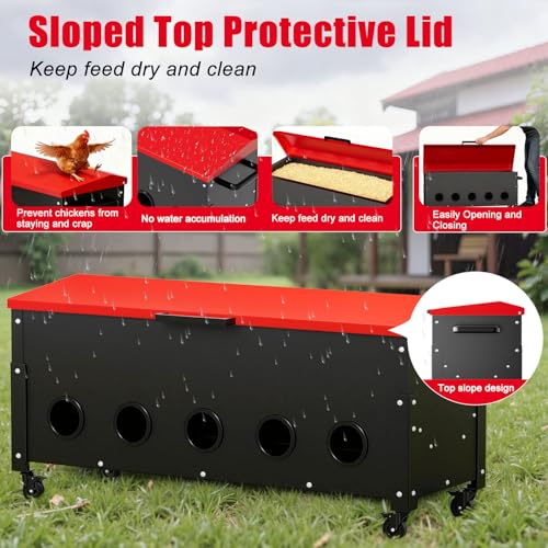 120lb Automatic Metal Chicken Feeder, Heavy Duty Gravity Chicken Feeder Box with Weatherproof Lid Brake Casters,Portable Chicken Feede No Waste Poultry Feeder for Ducks, Geese