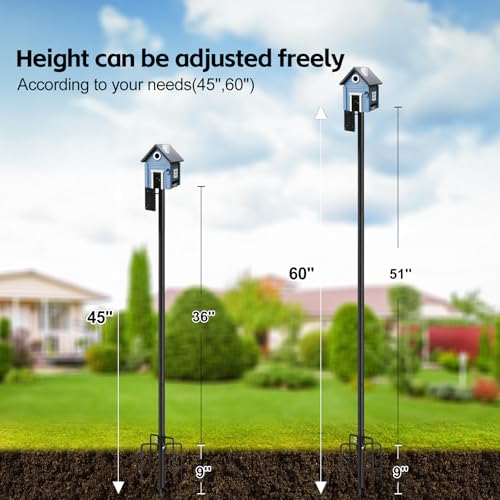 Bird House Pole,60" Outdoor Bird Feeder Pole Kit Stand with 5-Pronged Base, Adjustable Height & Universal Mount for Easy Setup, 2 Installation Methods, Matte Black Finish (Without Bird House) - size: 60"