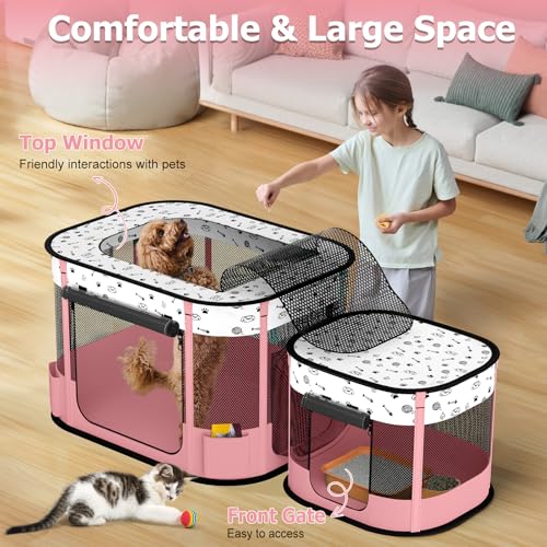 Portable Cat Playpen with litter box area, Foldable Pet Dog Playpen, for Kitten Puppy Play Pen Indoor/Outdoor, Cats Enclosure Cages Tent with Carrying Case, 600D Oxford 8-Rods, 32"x24"x22", Pink - color: Pink
