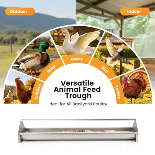 Chicken Feeding Trough 45" Large Capacity with Drainage Holes & Crossbar | Stainless Steel Chicken Feeder Trough Poultry Feeder Trough for Chicken,Duck,Geese,Turkey Coop Accessories Supplies